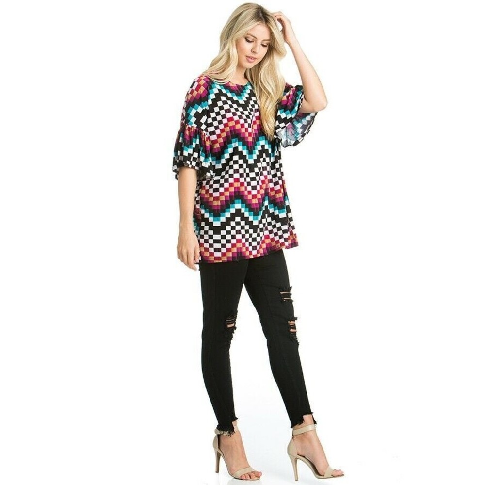 AZULES O'Neck Small Red Chevron Print Bell Sleave Popover Top - Picture 6 of 6